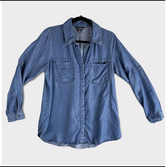 terre bleue Tops - Terre Bleue Womens M Blue Chambray Button Front Shirt Pockets Collar Lyocell